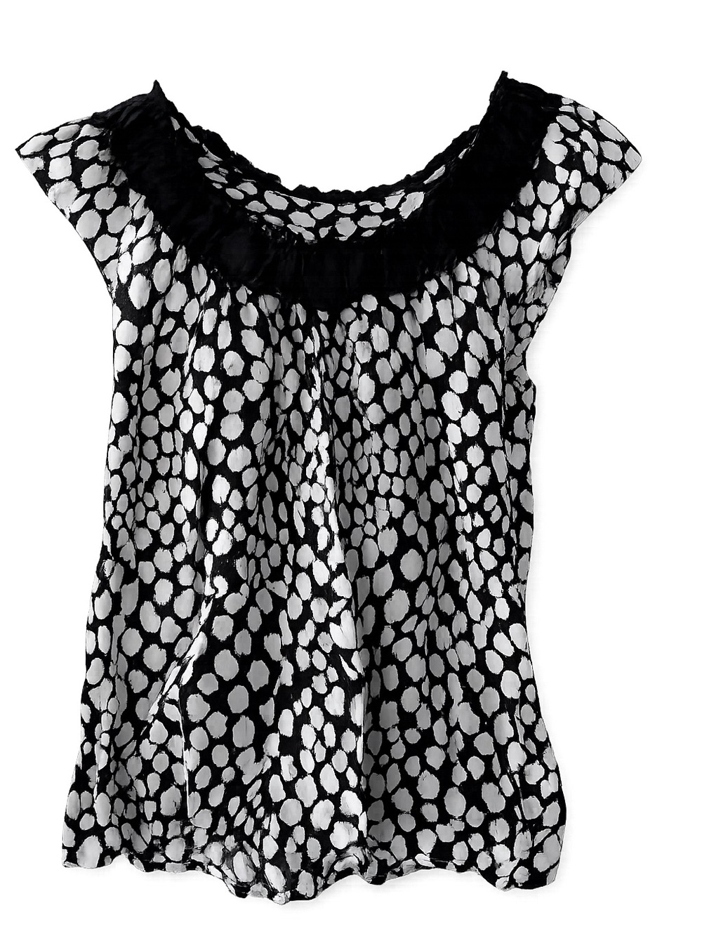 Vintage Black and White Spotted Cotton Ruffle Neck Top - Size S